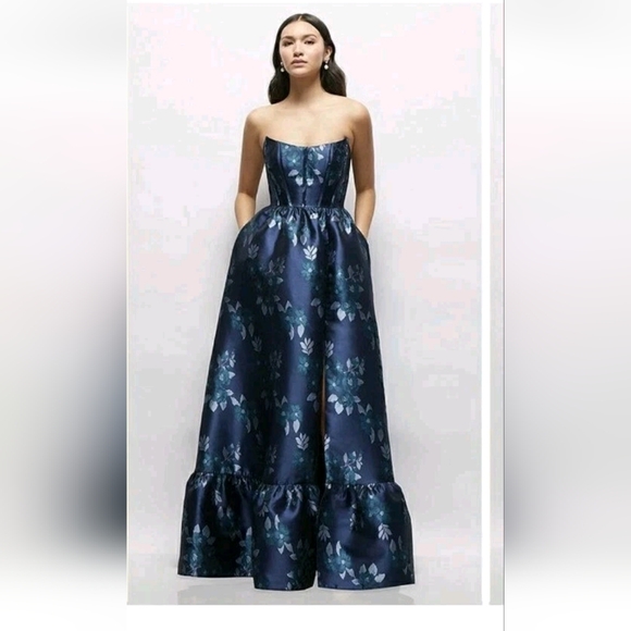 Dessy Collection Midnight Navy Damask Corset Floral Gown 3152BRD Size 18 - Picture 1 of 12
